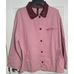 Missguided Pink Denim Barn Jacket Burgundy Faux Leather Collar Zip Pocket XS